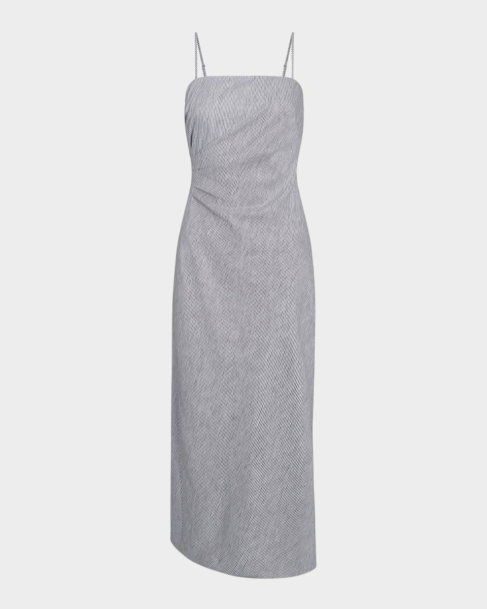 Ticking Stripe Draped Strapless Midi Dress